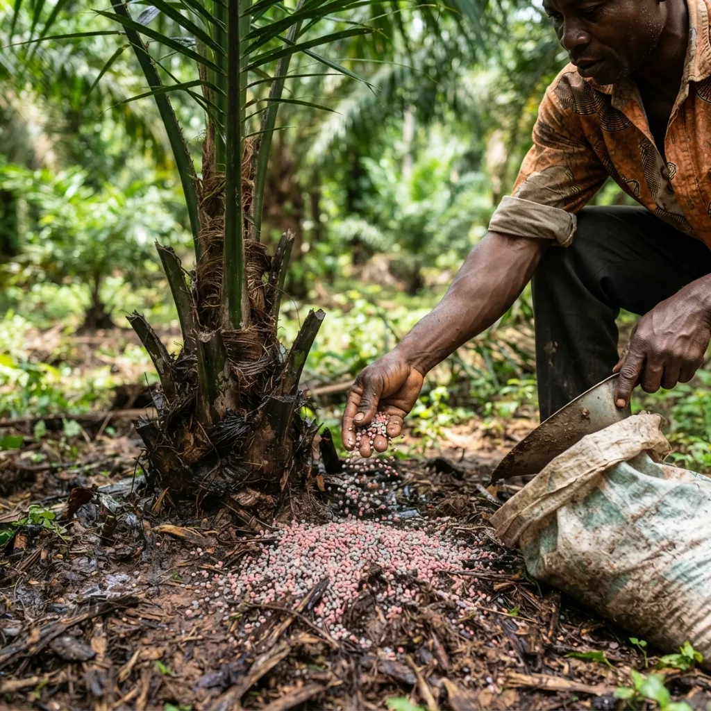 Young oil palms newly set out in a triangular pattern with a legume cover crop establishing between the rows