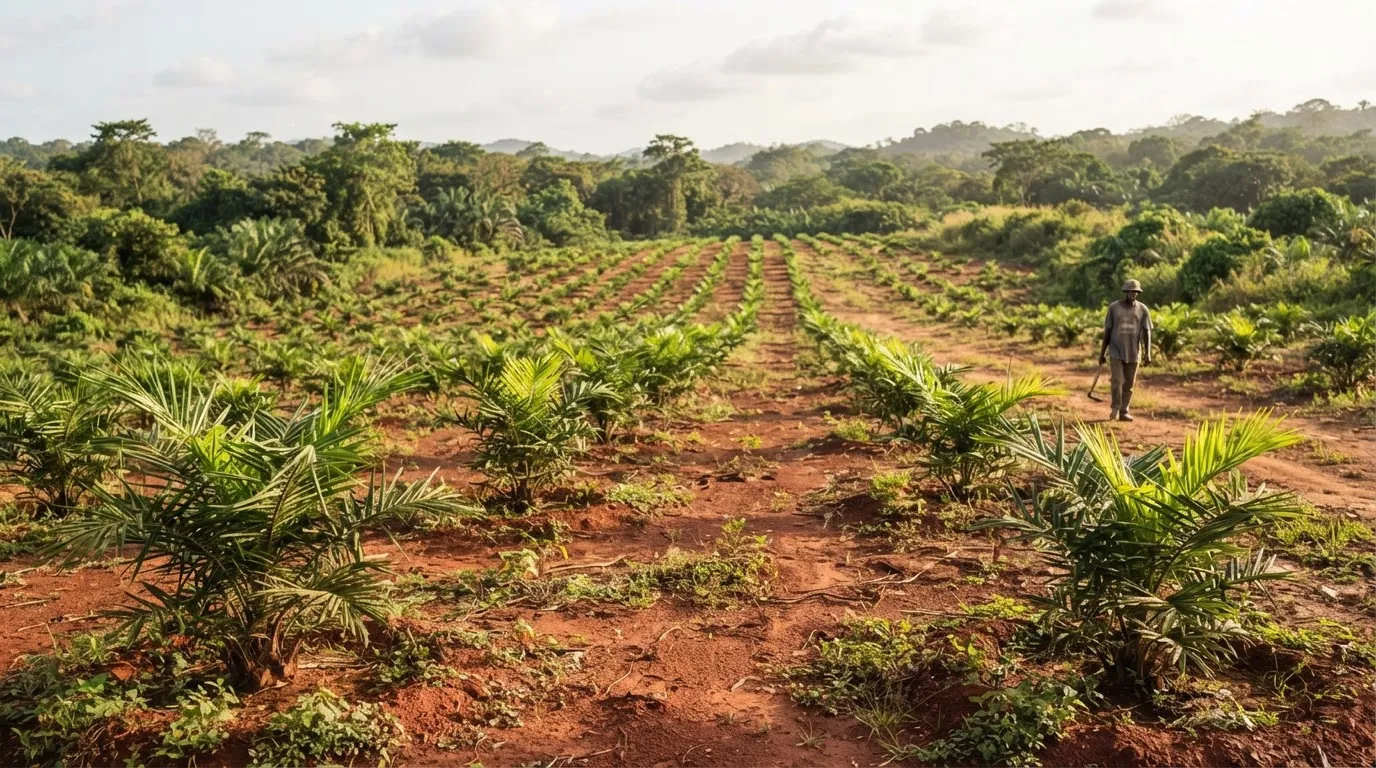 A young oil palm field with legume cover crop between the palms, on Ghana's forest soils
