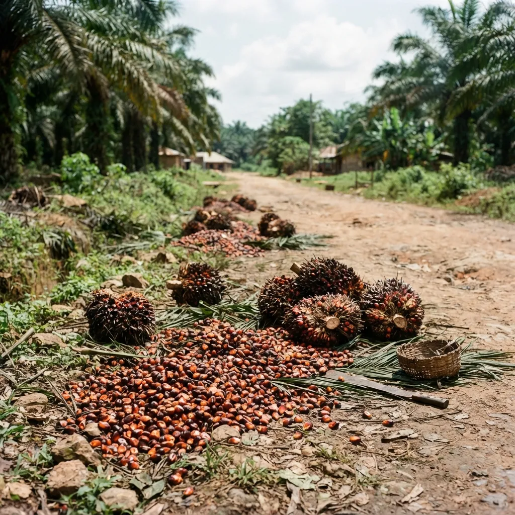 Scattered small lots of red palm oil from many Ghanaian smallholders with no aggregator to consolidate and offtake them, documentary photograph