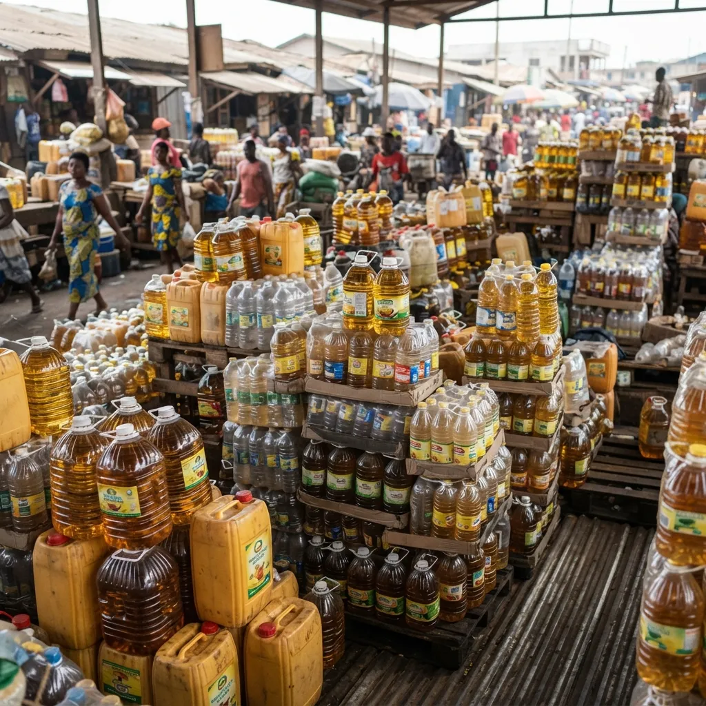 Cheap imported refined vegetable oil in branded plastic bottles stacked on a Ghanaian supermarket shelf beside a jug of local red palm oil, documentary photograph