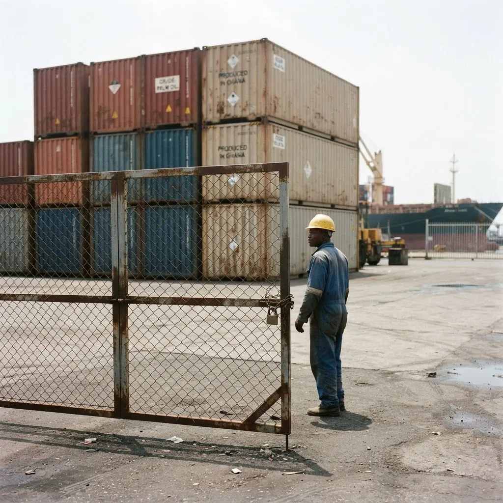 Ghanaian palm oil drums stranded at a port, shut out of a European market that its uncertified, deforestation-linked supply cannot enter, documentary photograph