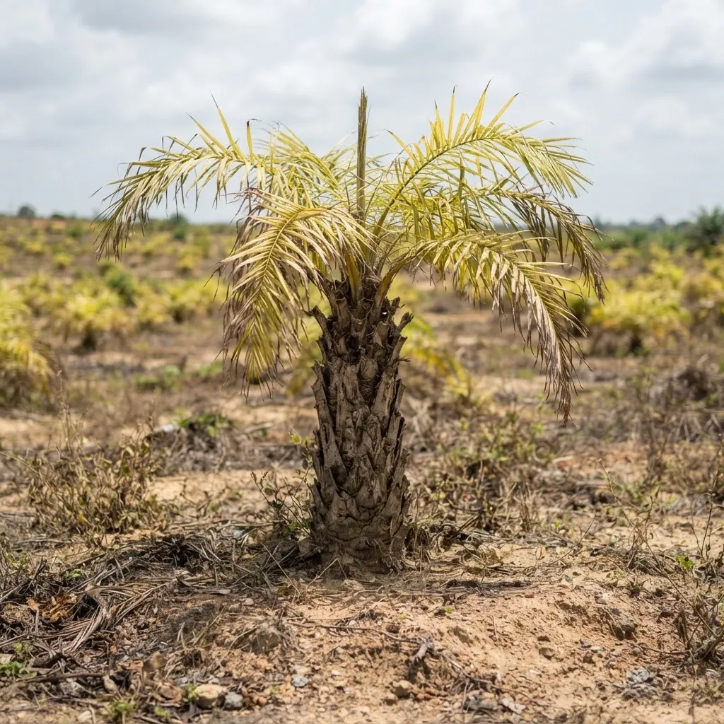 Oil palm fronds yellowing with nutrient-deficiency symptoms on a Ghanaian smallholder plot where fertiliser has been skipped and the soil mined, documentary photograph