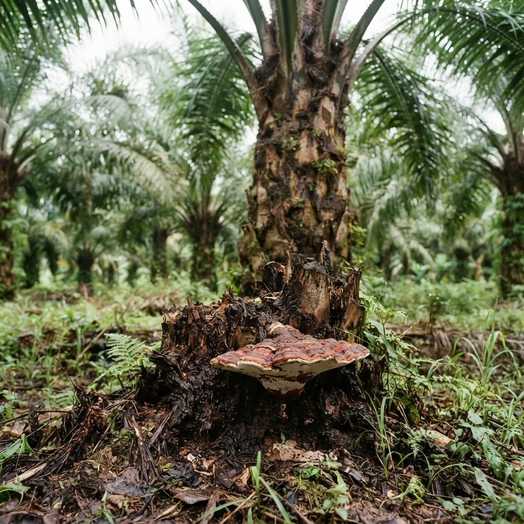 Ganoderma basal stem rot rotting the base of an oil palm trunk