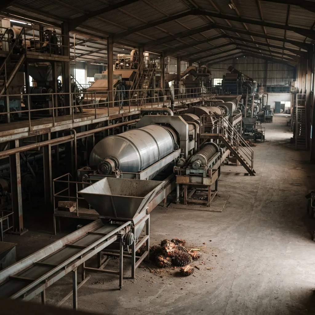 An idle small palm oil mill in Ghana with silent machinery and no fresh fruit bunches to process, capacity built ahead of secured supply, documentary photograph