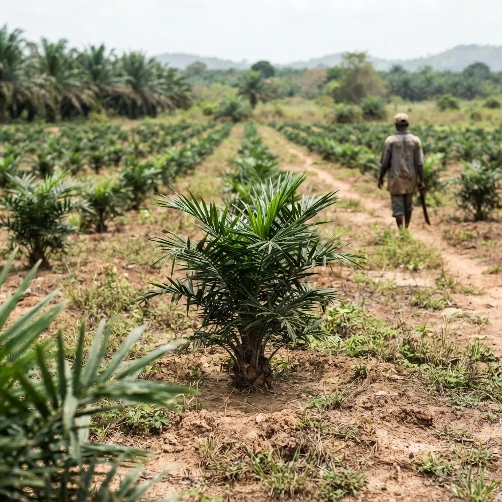 A young immature oil palm plantation in Ghana, still years from its first harvest, a farmer facing the unproductive cash-gap years, documentary photograph
