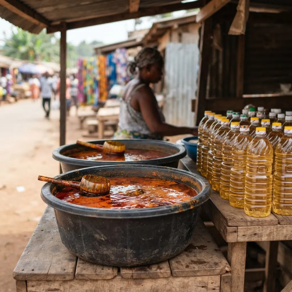 A Ghanaian woman hand-pressing boiled palm fruit for low-value artisanal red oil, trapped at the bottom of the value chain, documentary photograph