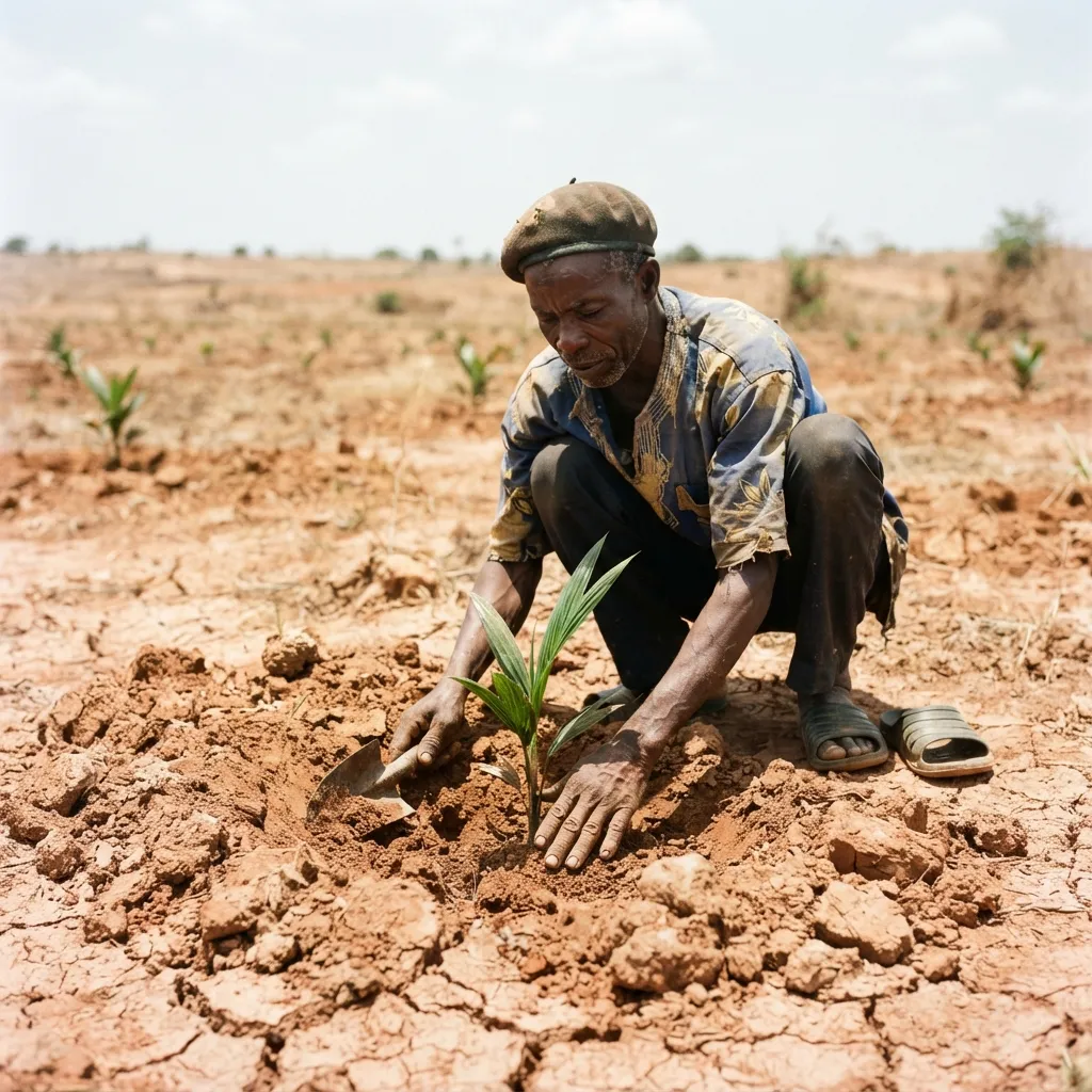 An oil palm plot in Ghana stressed by drought and shifting rainfall, planted with a variety not suited to the changing climate, documentary photograph
