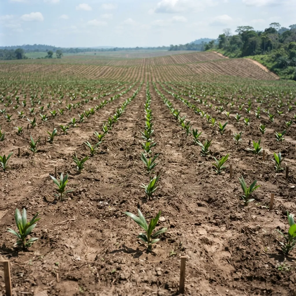 A government-funded oil palm planting project in Ghana pouring money into nurseries and seedlings while milling and refining are left underbuilt, documentary photograph