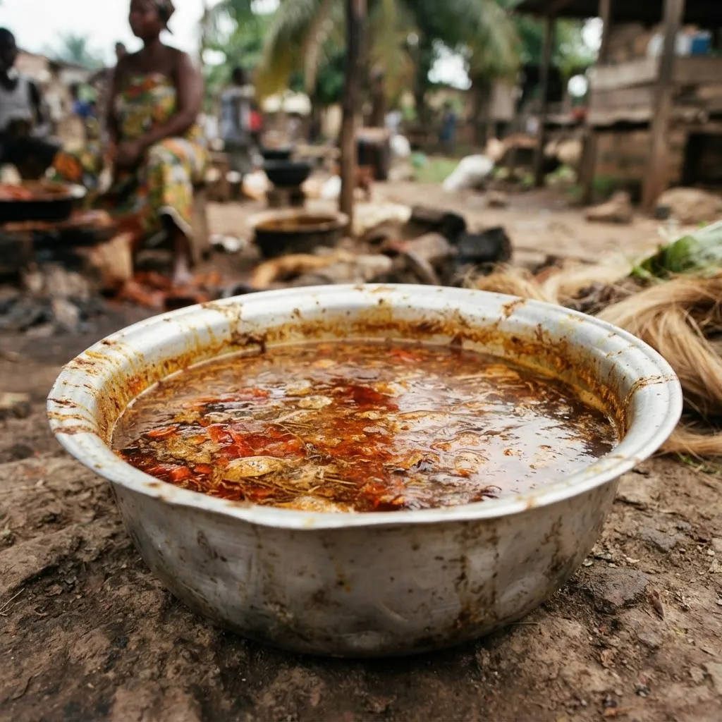 A drum of cloudy artisanal red palm oil, high in free fatty acid and sediment, that branded and industrial buyers in Ghana will not accept, documentary photograph