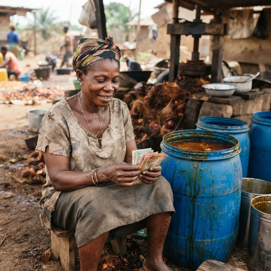 A Ghanaian palm oil trader counting a thin margin of cash beside drums of crude palm oil in a volatile market, documentary photograph