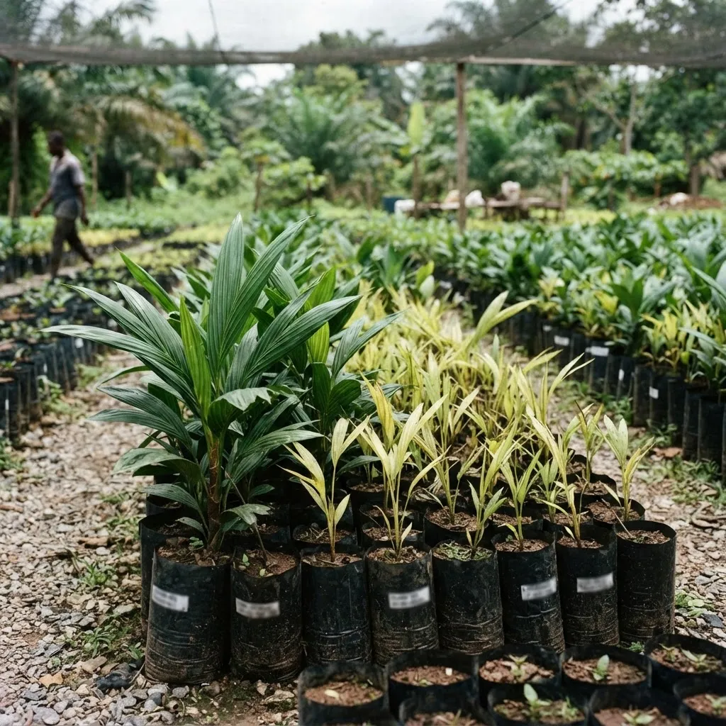 A Ghanaian farmer holding unlabelled oil palm seedlings of unknown origin bought from an informal roadside seller, uncertified planting material, documentary photograph