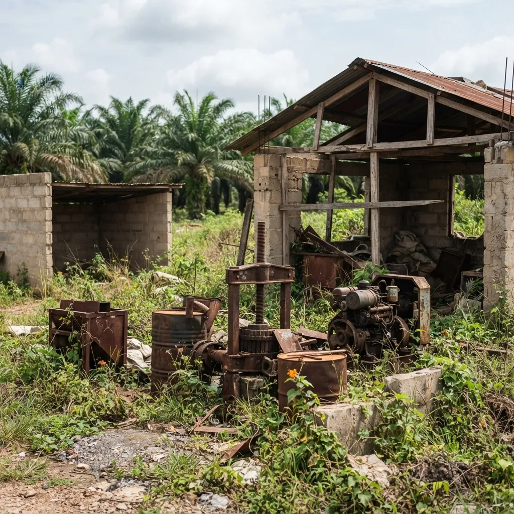 A small, under-resourced Ghanaian palm oil operation with makeshift equipment and too little working capital to run at scale, documentary photograph