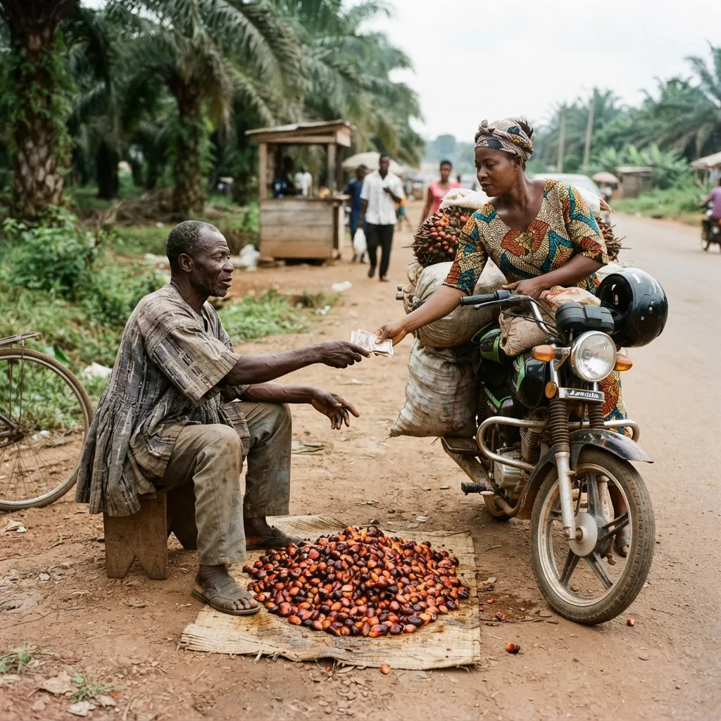 A Ghanaian smallholder selling loose palm fruit at the bottom of the value chain with no route up to milling or refining, documentary photograph