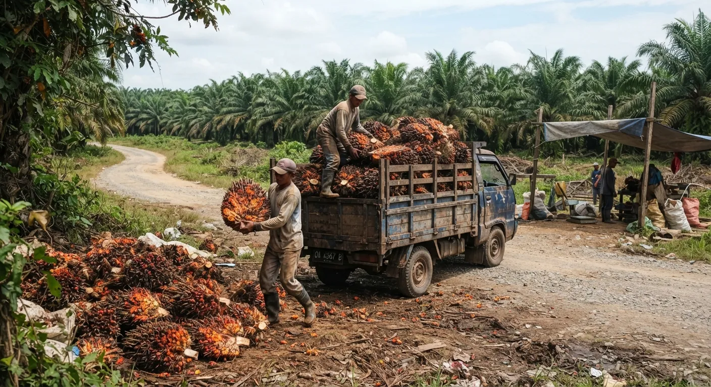 Traders aggregating fresh fruit bunches at a roadside collection point in Ghana, the low-capital entry into the oil palm chain