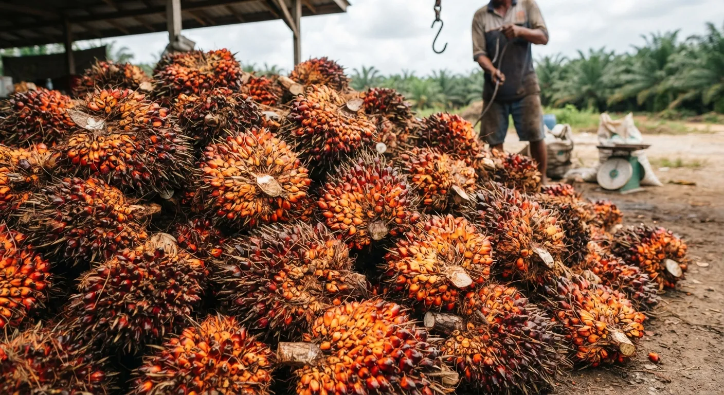 Freshly cut oil palm fruit bunches piled at a collection point for prompt evacuation to the mill