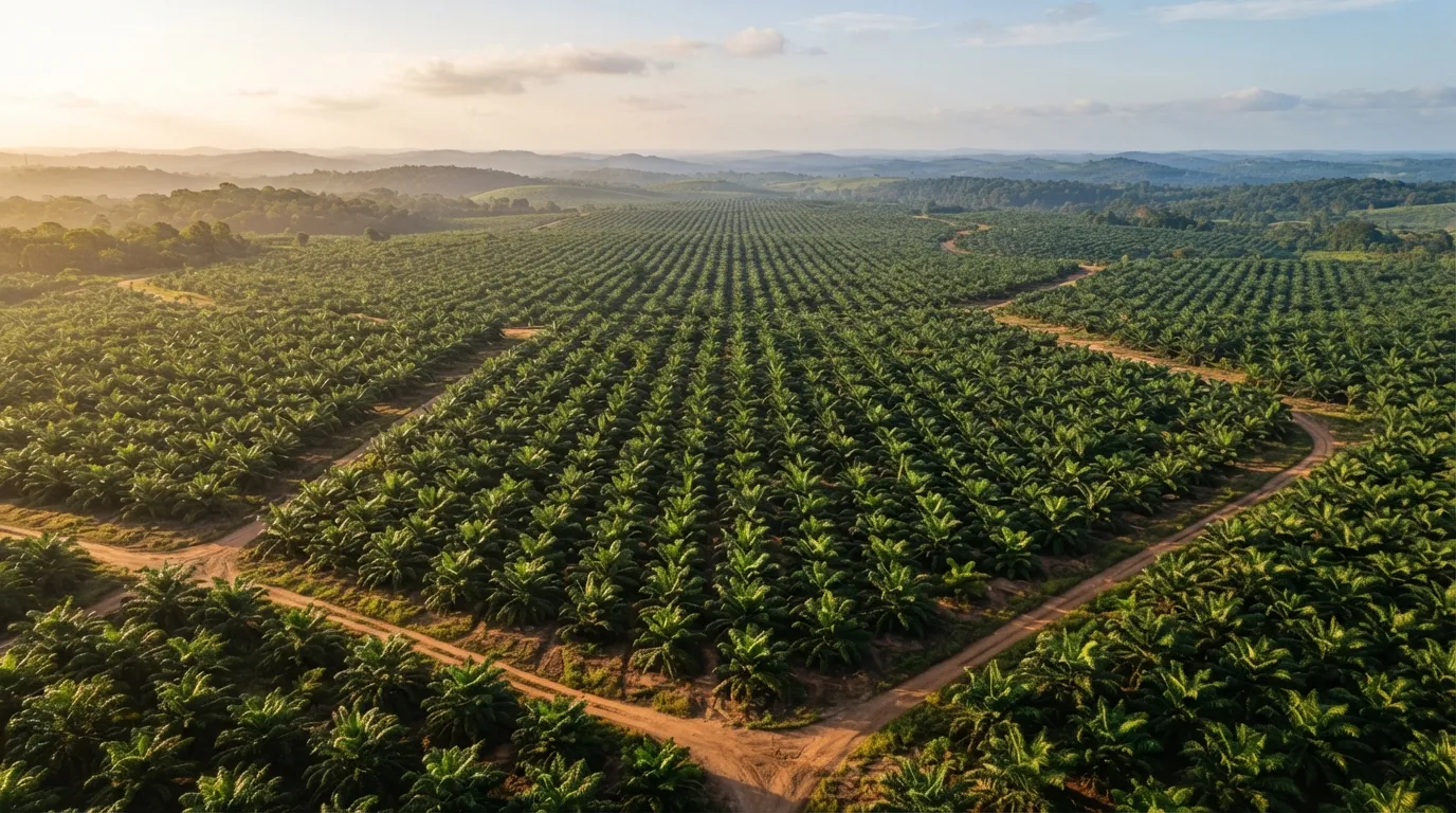 An aerial view of an oil palm block planted in regular rows, each palm with room to grow