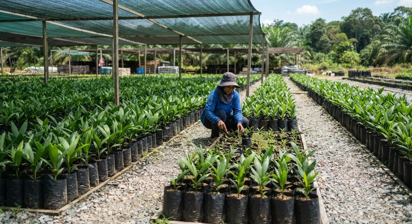 A certified oil palm nursery of young Tenera seedlings in polythene bags under shade netting