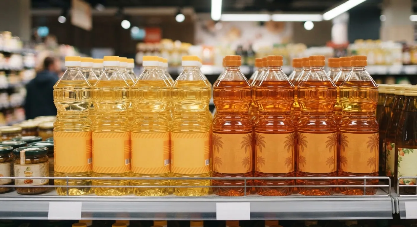 Bottles of refined golden branded cooking oil on a supermarket shelf