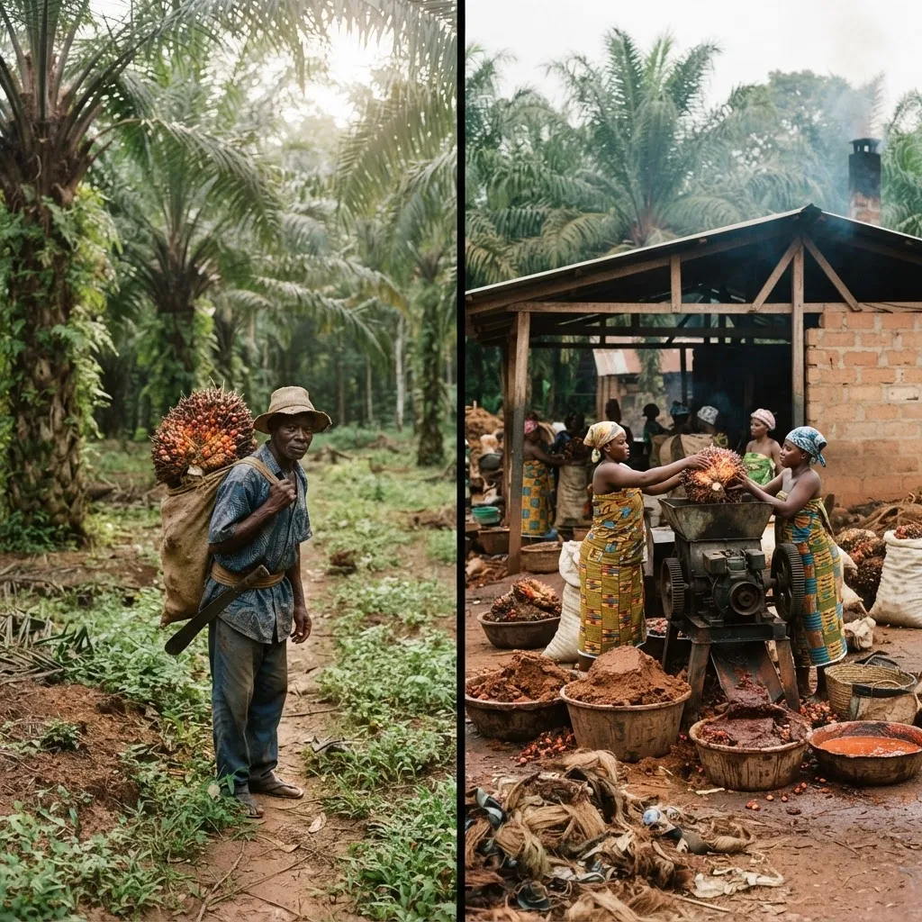A field officer geolocating smallholder oil palm plots on a tablet for traceability