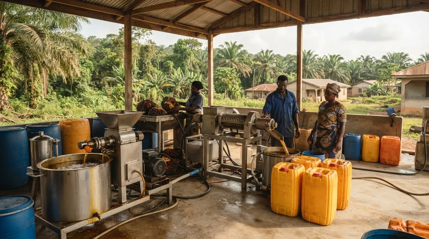 A modern industrial palm oil mill and refinery turning fresh fruit bunches into clean oil