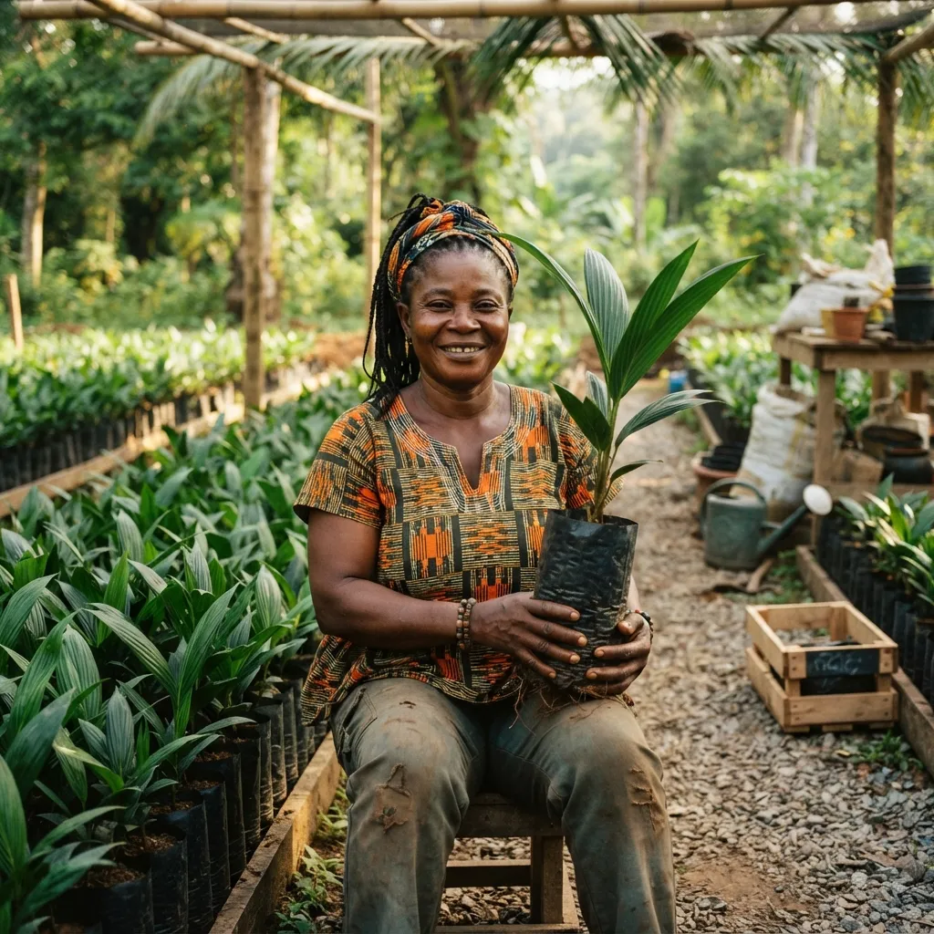A large certified oil palm seedling nursery with rows of young Tenera palms