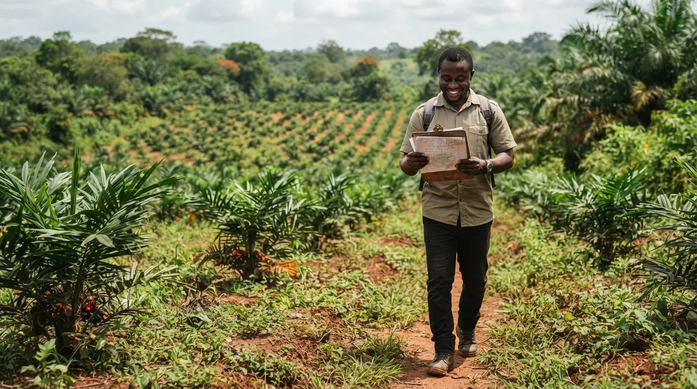 A Ghanaian oil palm strategist reviewing sector plans and market charts at a plantation edge