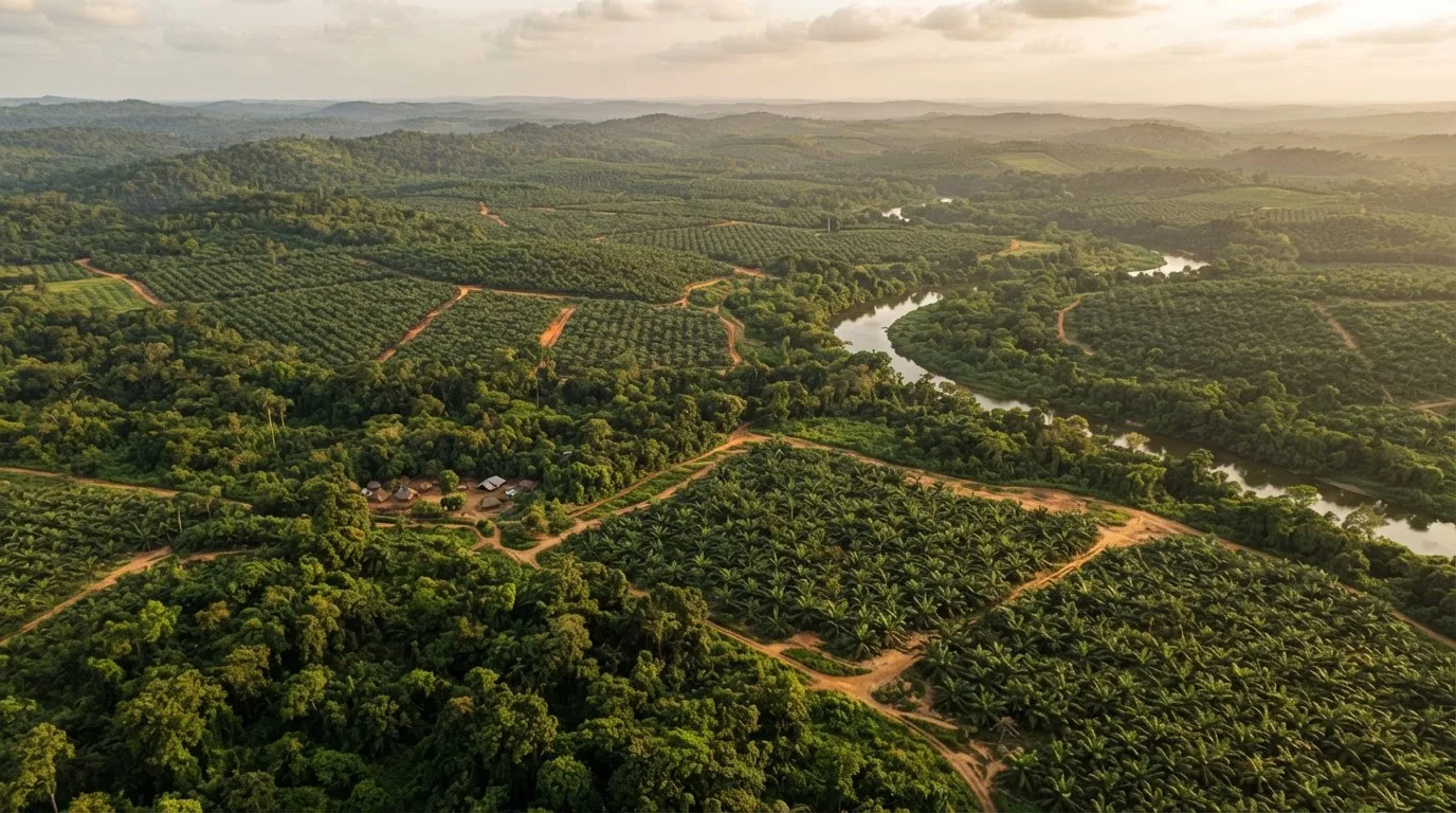 A wide oil palm plantation in Ghana's southern forest belt under high rainfall