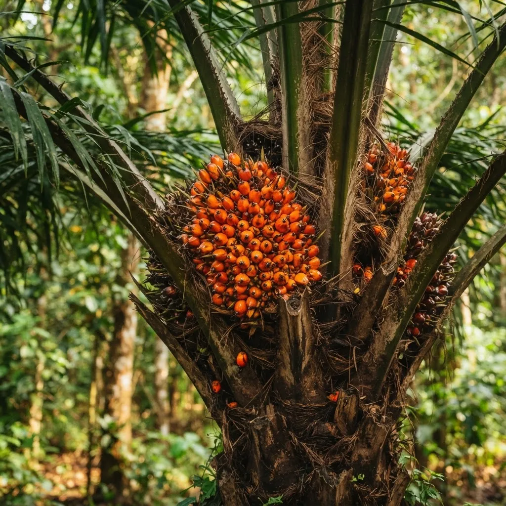 Two oil palm fruits cut open side by side, a thin-shelled Tenera with thick orange oil layer beside a thick-shelled Dura