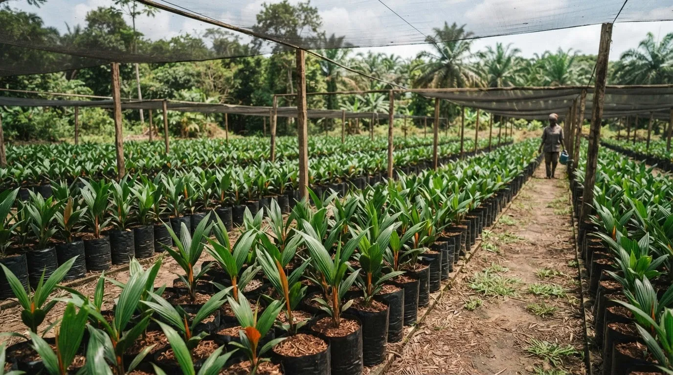 A certified oil palm seedling nursery with rows of young Tenera palms in polybags