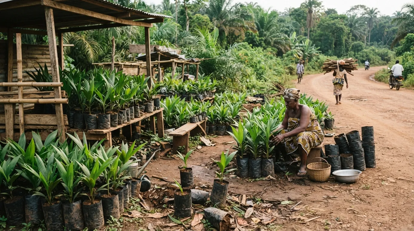 Informal roadside oil palm seedlings of unknown parentage for sale in Ghana