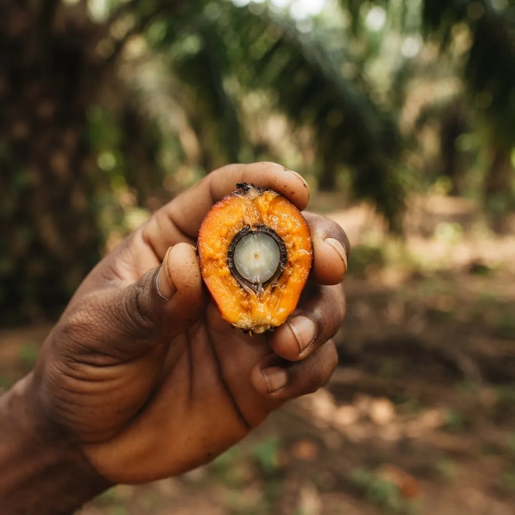 A ripe Tenera fresh fruit bunch, deep orange, cut open to show the thick oil-bearing mesocarp