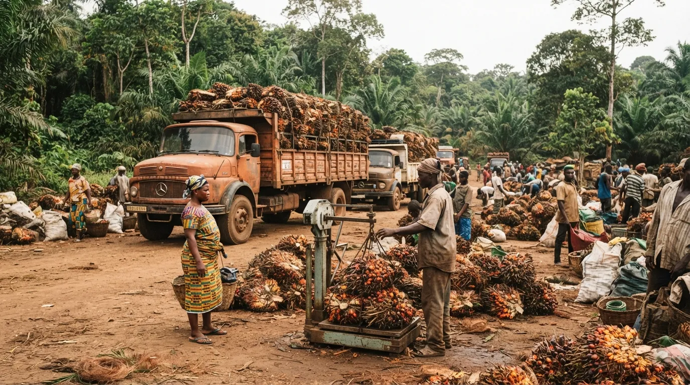 Oil palm fresh fruit bunches aggregated and loaded onto a truck bound for an industrial mill in Ghana