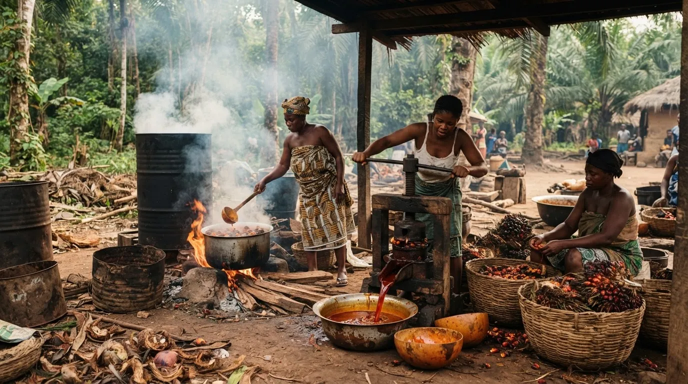 A women-led artisanal mill boiling and pressing oil palm fruit into cloudy red oil in Ghana