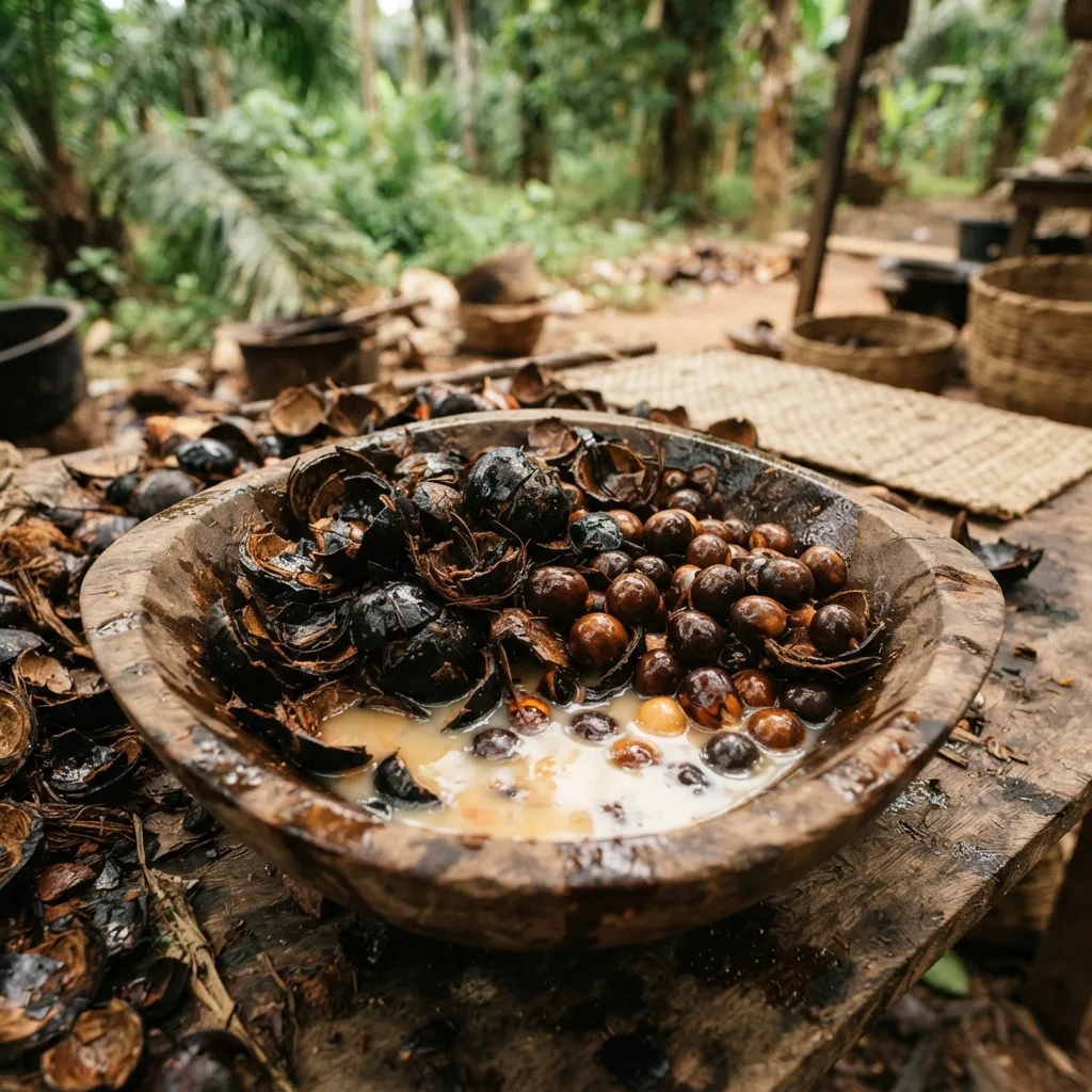 Palm kernels and golden palm kernel oil, the by-product the artisanal chain discards