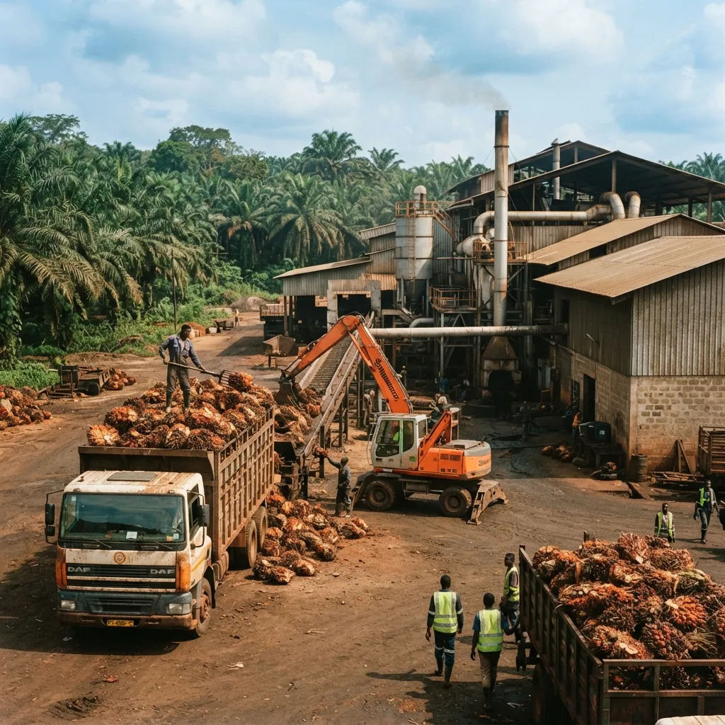 An industrial oil palm mill with steel digesters and presses extracting crude palm oil in Ghana