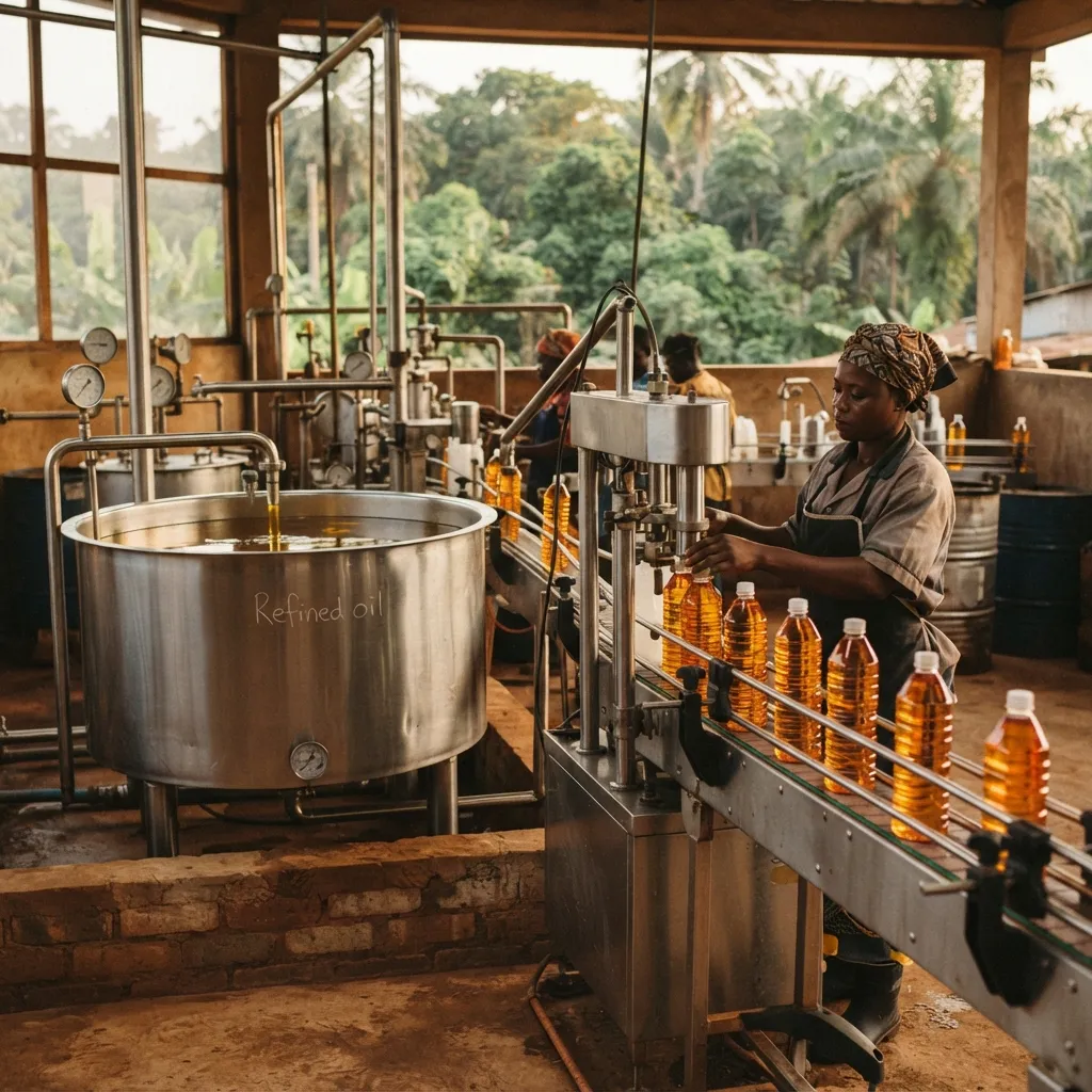 Bottles of refined golden branded cooking oil on a Ghanaian supermarket shelf