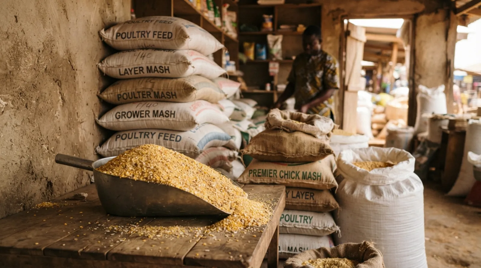 Stacked 50 kilogram bags of broiler feed piled in the store of a Ghanaian poultry farm, a farmer lifting one bag