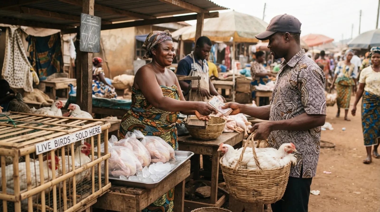 A busy Ghanaian market stall selling live and dressed broiler chickens, a trader handing a bird to a customer