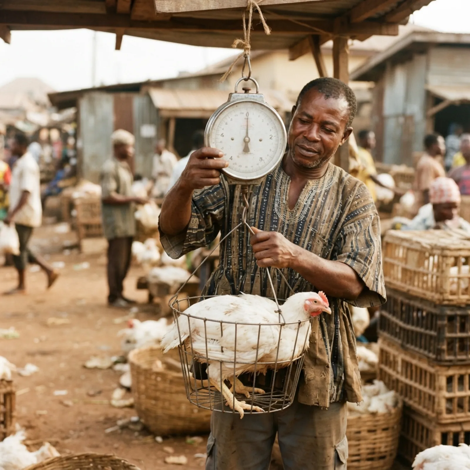 A Ghanaian broiler farmer weighing a live bird on a hanging scale in the doorway of a poultry house at market day