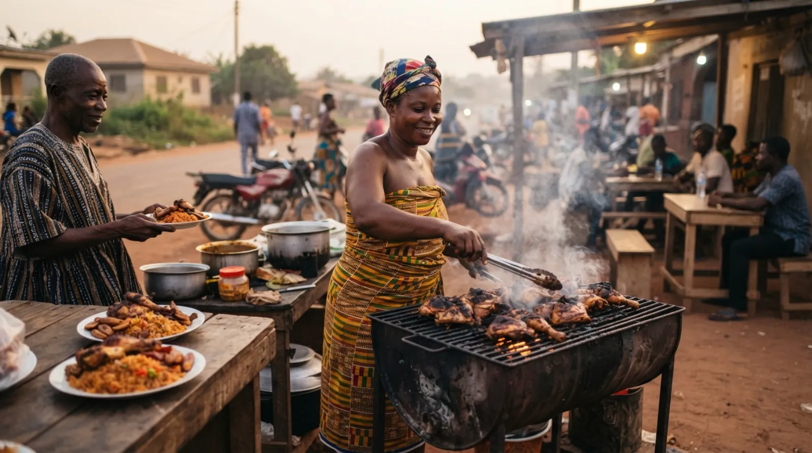 A busy Ghanaian chop bar and hot-food vendor serving jointed grilled and fried chicken with rice to seated customers