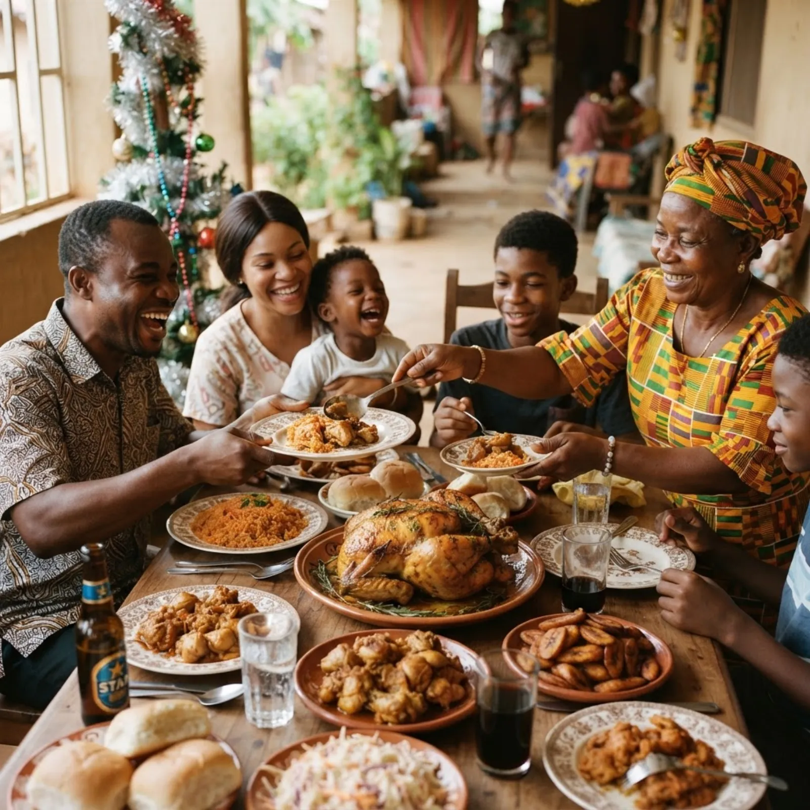 A festive Christmas market in Ghana with whole fresh chickens for sale, shoppers buying birds for the holiday feast
