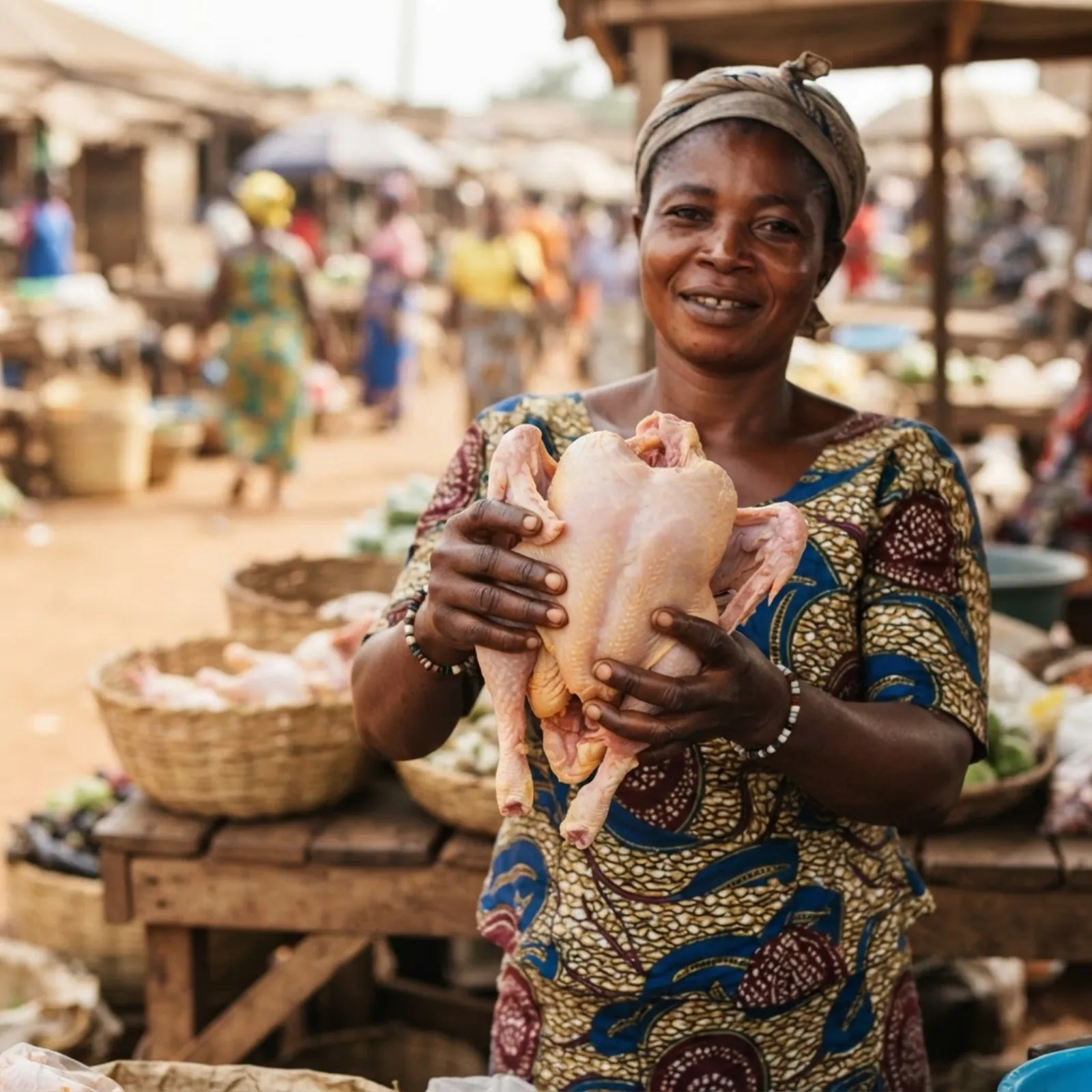 A Ghanaian vendor selling freshly dressed local chickens at a roadside stall, birds on a rail, customers choosing