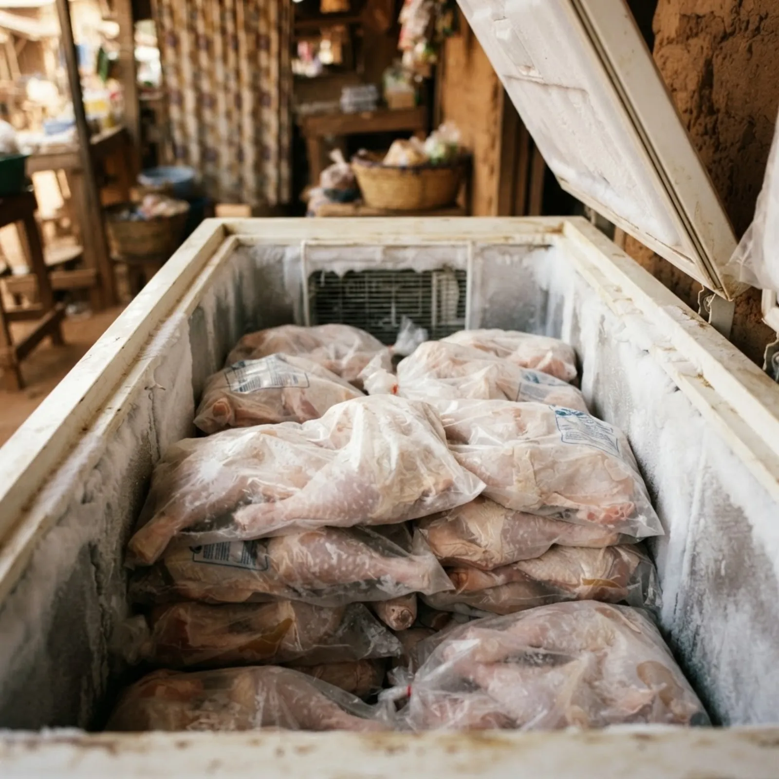 A Ghanaian cold store stacked with cartons of imported frozen chicken leg quarters, a vendor lifting a frozen block