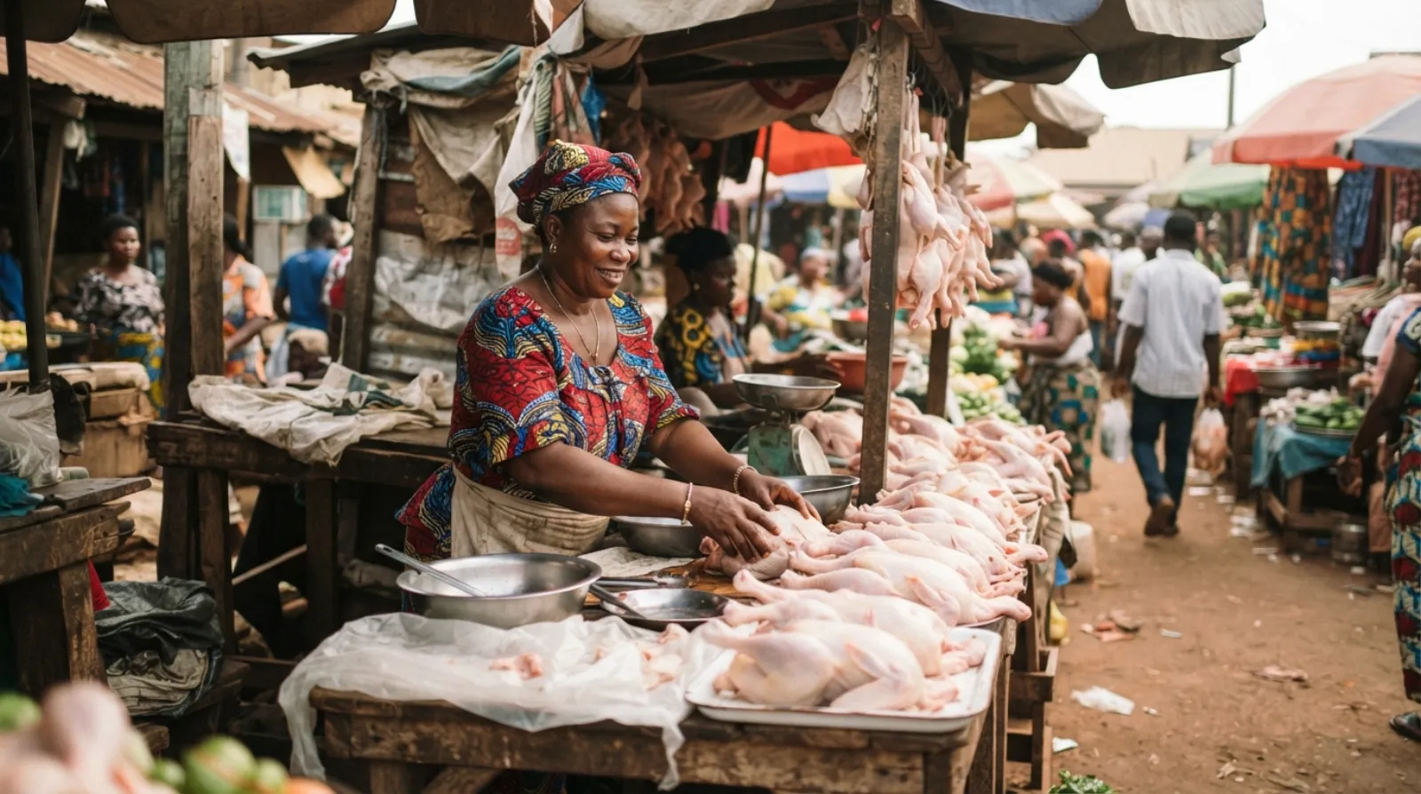 A busy Ghanaian open-air market stall selling fresh and frozen chicken, women vendors and hanging scales under a bright awning