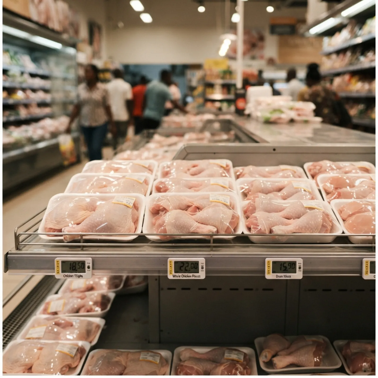 Packs of imported frozen chicken in the freezer aisle of a modern Accra supermarket, price labels visible