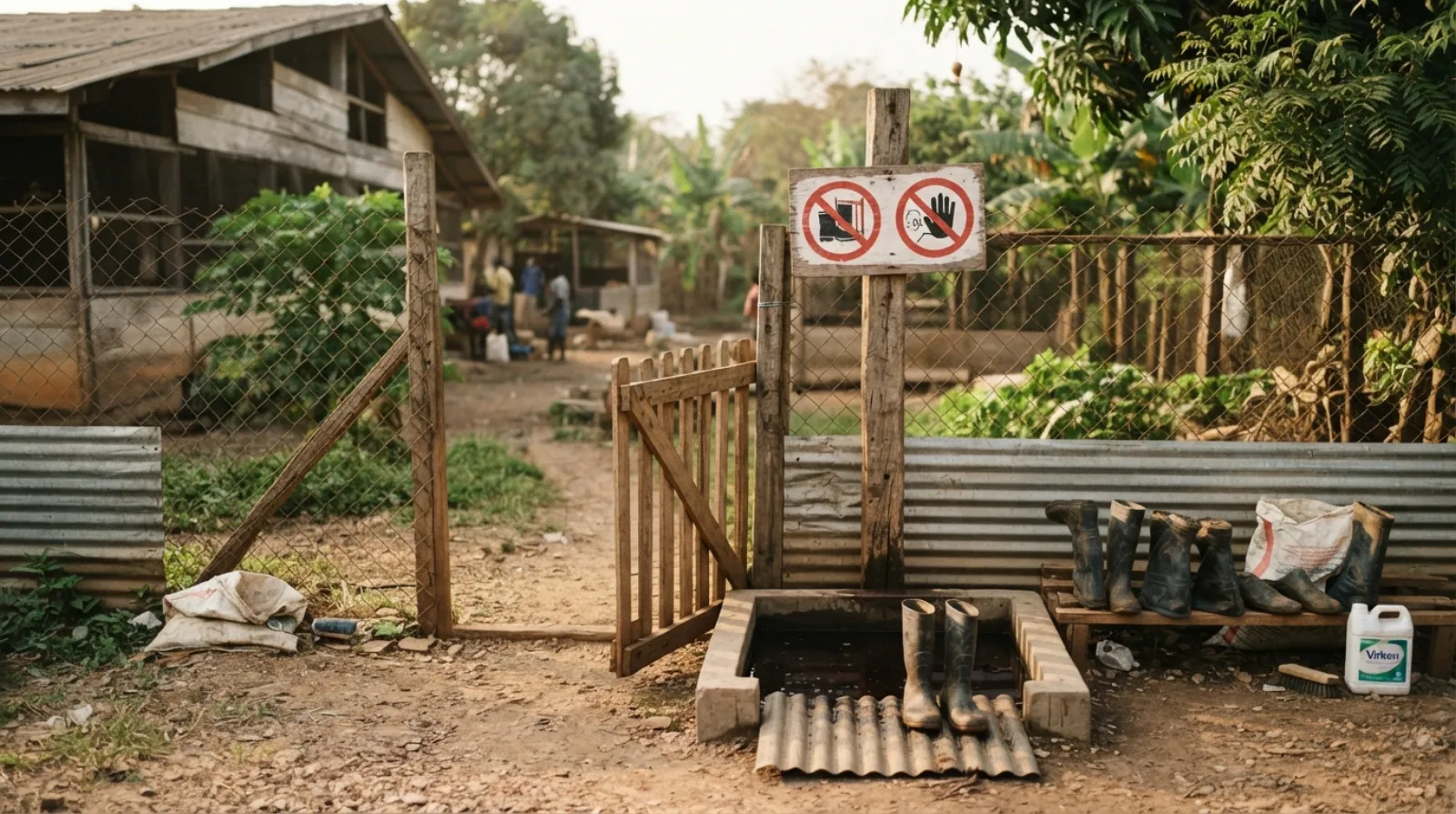 A biosecurity officer inspecting a fenced broiler farm perimeter against wild-bird and visitor access in Ghana
