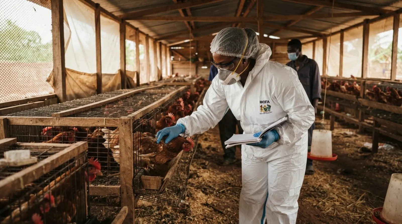Officials in protective suits carrying out a poultry cull after a confirmed H5N1 outbreak in Greater Accra