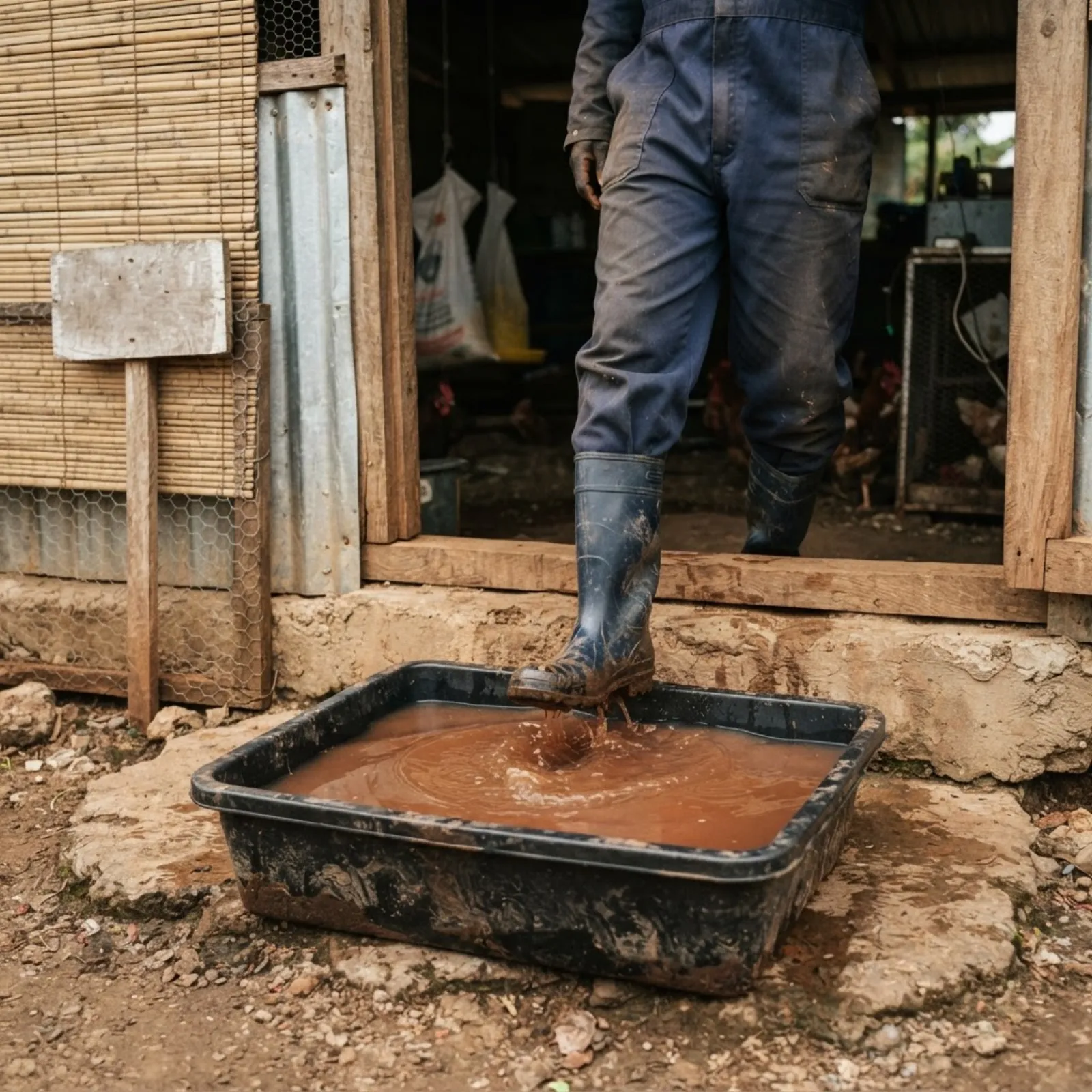 A worker stepping through a disinfectant footbath at the entrance to a Ghanaian broiler house