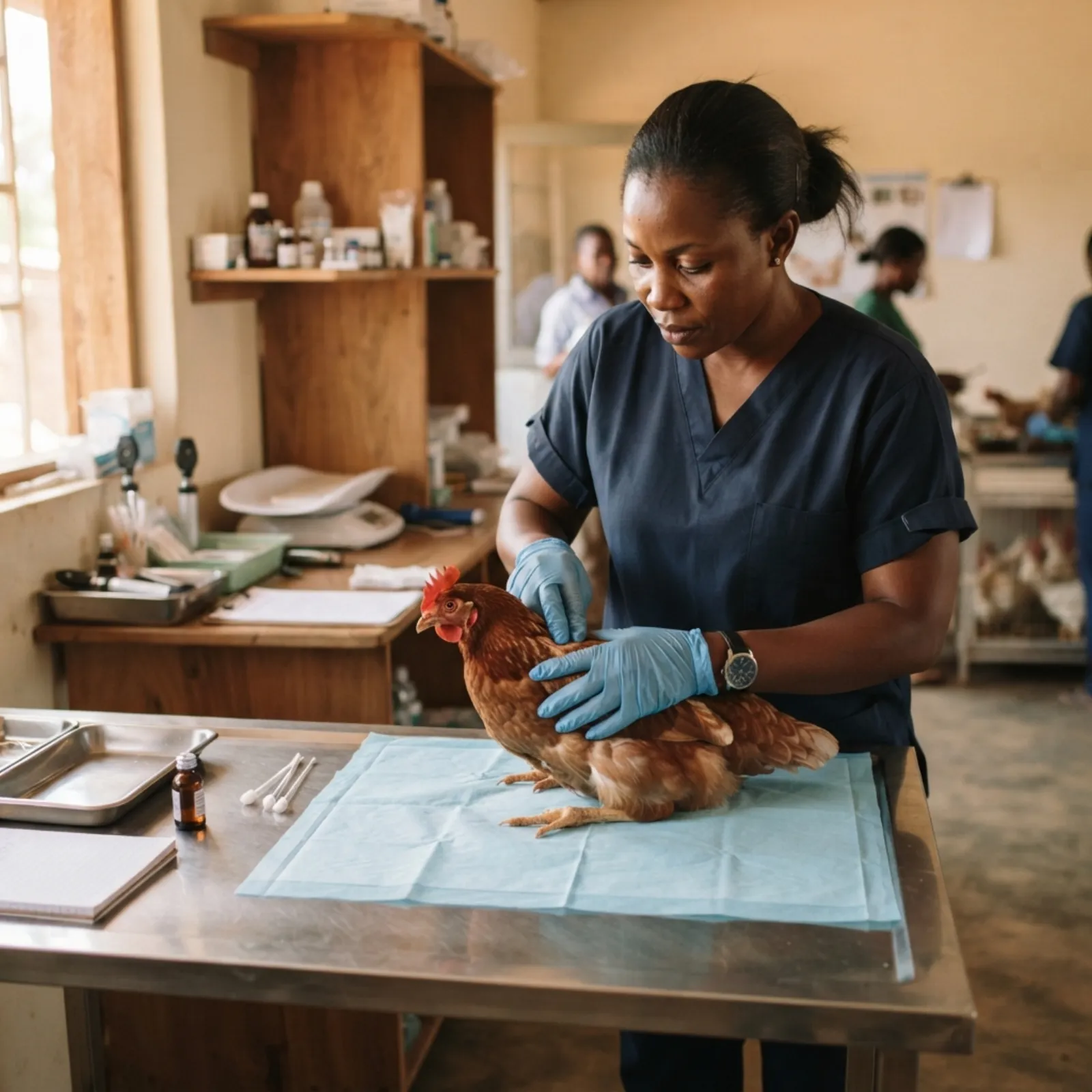 A vet performing a post-mortem on a broiler carcass to diagnose the cause of flock loss on a Ghanaian farm