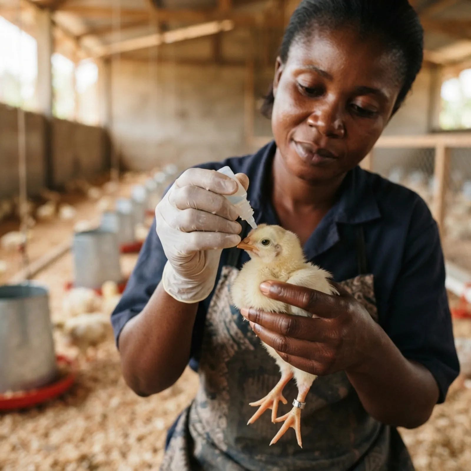 A veterinary technician vaccinating day-old broiler chicks by eye-drop in a Ghanaian brooder house